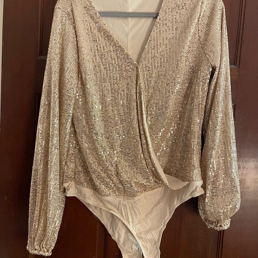 Pink Lily Sequin Beige Bodysuit Top